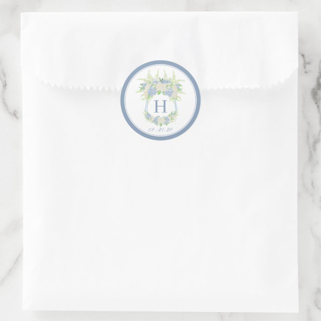 Watercolor Blue and White Hydrangea Crest Classic Round Sticker (Bag)