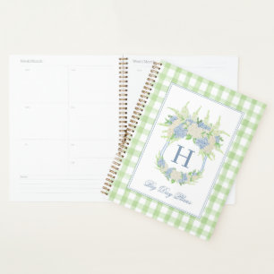 Watercolor Blue and White Hydrangea Crest Gingham  Planner