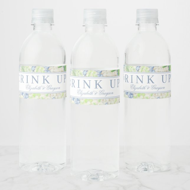 Watercolor Blue and White Hydrangea Crest Water Bottle Label (Bottles)