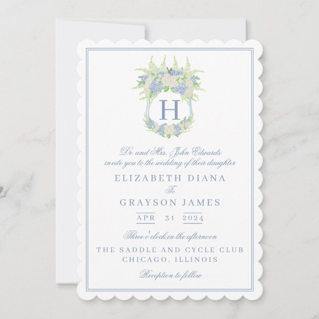 Watercolor Blue and White Hydrangea Crest Wedding Invitation (Front)