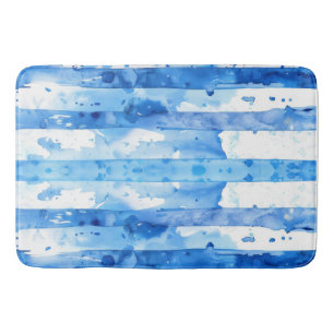 Watercolor Blue and White Striped Beach Decor Bath Mat
