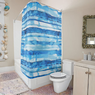 Watercolor Blue and White Striped Shower Curtain