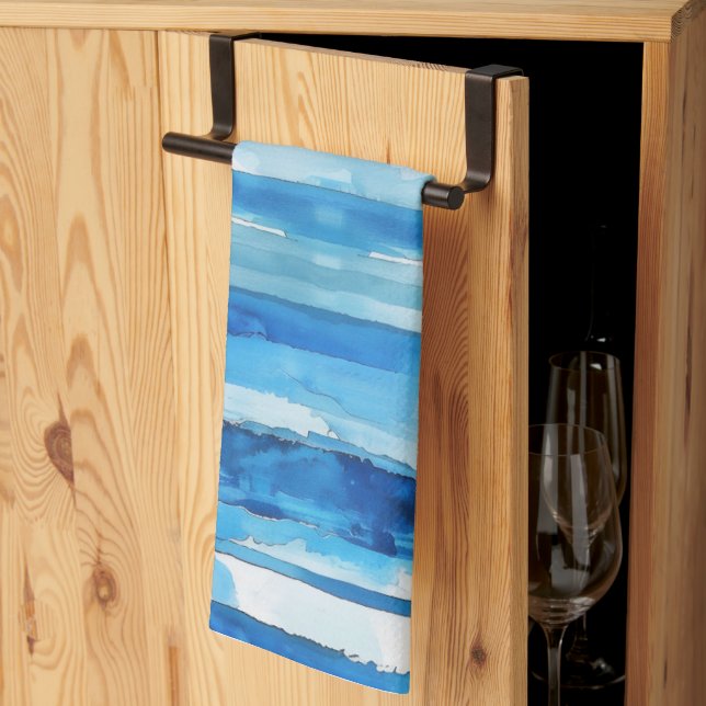 Watercolor Blue and White Striped Tea Towel (Thirds Fold)