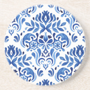 Watercolor Blue and White Tiles Pattern Coaster