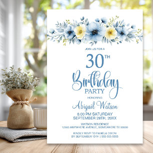 Watercolor Blue and Yellow Floral 30th Birthday Invitation
