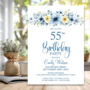 Watercolor Blue and Yellow Floral 55th Birthday Invitation