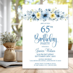 Watercolor Blue and Yellow Floral 65th Birthday Invitation