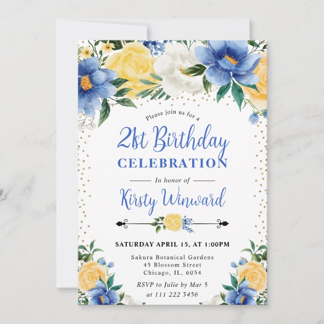Watercolor Blue and Yellow Flowers 21st Birthday Invitation (Front)