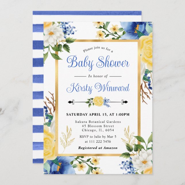 Watercolor Blue and Yellow Flowers Baby Shower Invitation (Front/Back)