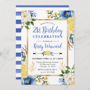 Watercolor Blue and Yellow Flowers Birthday Invitation