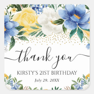 Watercolor Blue and Yellow Flowers Birthday Party Square Sticker