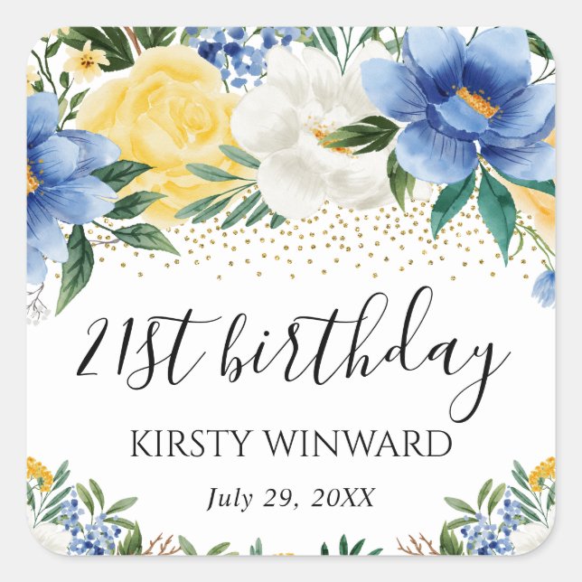 Watercolor Blue and Yellow Flowers Birthday Square Sticker (Front)