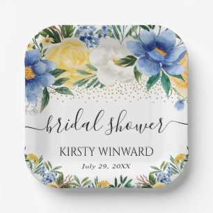 Watercolor Blue and Yellow Flowers Bridal Shower Paper Plate