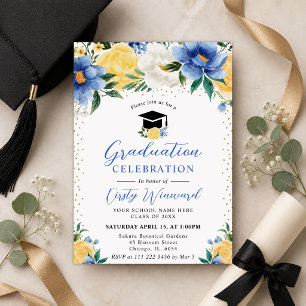 Watercolor Blue and Yellow Flowers Graduation Invitation