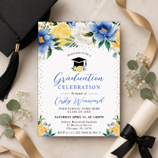 Watercolor Blue and Yellow Flowers Graduation Invitation