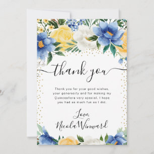 Watercolor Blue and Yellow Flowers Quinceanera Thank You Card