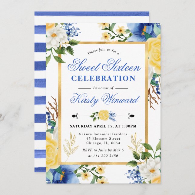Watercolor Blue and Yellow Flowers Sweet 16 Invitation (Front/Back)