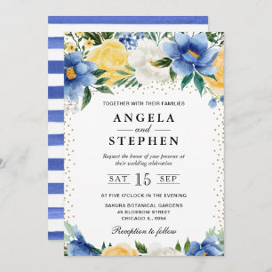 Watercolor Blue and Yellow Flowers Wedding Invitation