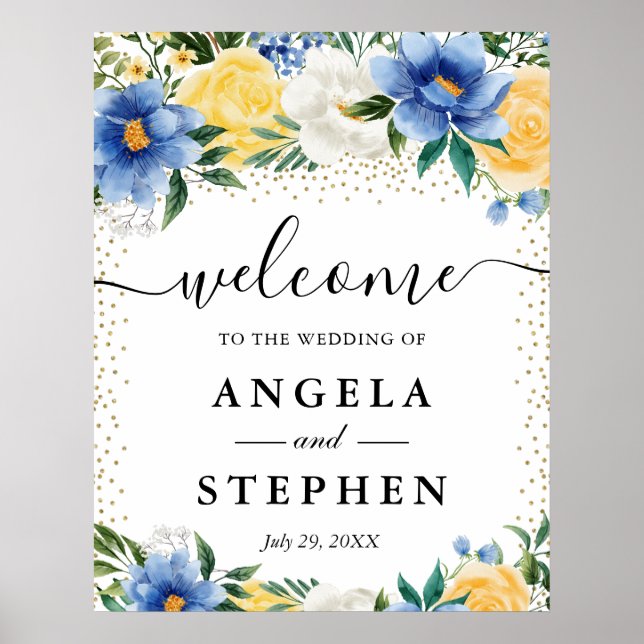Watercolor Blue and Yellow Flowers Wedding Welcome Poster (Front)