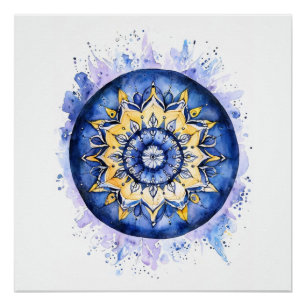 Watercolor blue and yellow mandala poster