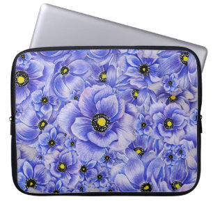 WATERCOLOR BLUE ANEMONE POPPIES LAPTOP SLEEVE