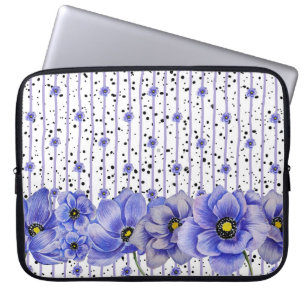WATERCOLOR BLUE ANEMONE POPPIES LAPTOP SLEEVE