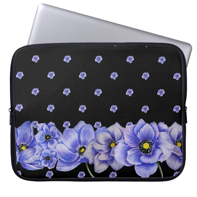 WATERCOLOR BLUE ANEMONE POPPIES LAPTOP SLEEVE (Front)