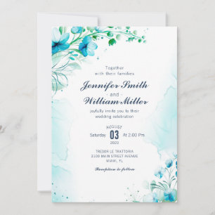 Watercolor Blue Aqua Floral Wedding Invitation