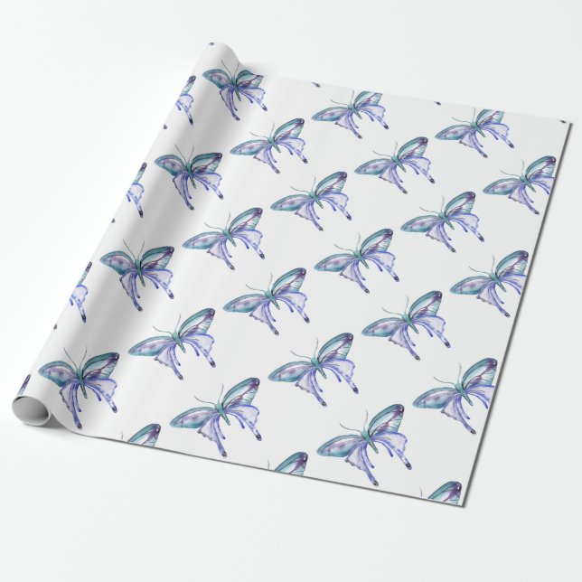Watercolor blue Aqua Purple butterfly Wrapping Paper (Unrolled)