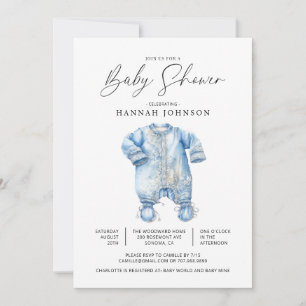 Watercolor Blue Baby Clothes Boy Shower Invitation