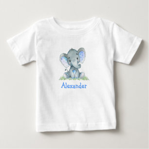 Watercolor Blue Baby Elephant on Greenery Baby T-Shirt