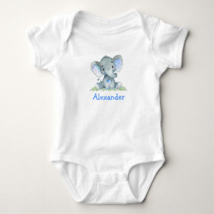 Watercolor Blue Baby Elephant on Greenery Bodysuit