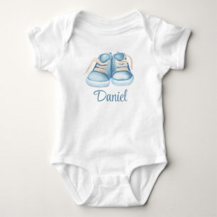 Watercolor Blue Baby Shoes Custom Name Bodysuit