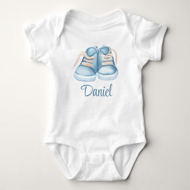 Watercolor Blue Baby Shoes Custom Name Bodysuit (Front)