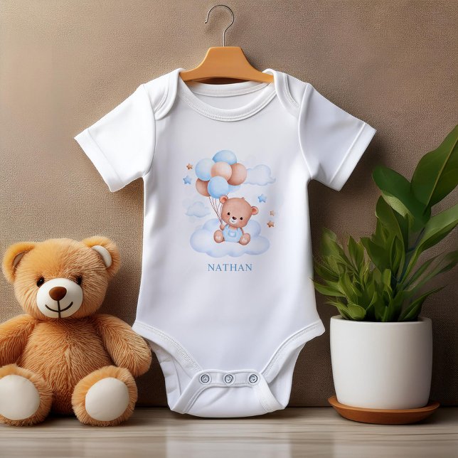 Watercolor Blue Balloon Teddy Bear Personalised Baby Bodysuit (Creator Uploaded)