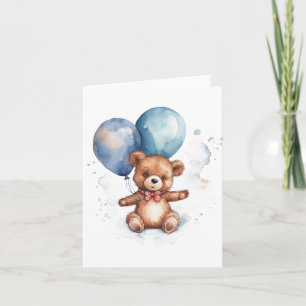 Watercolor Blue Balloons Brown Teddy Bear Card