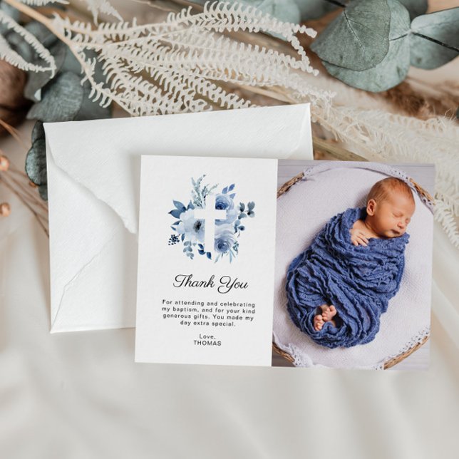 watercolor blue baptism photo thank you card (Creator Uploaded)