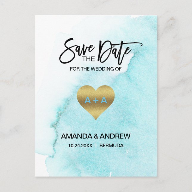 Watercolor Blue Beach Destination SAVE THE DATE Announcement Postcard (Front)