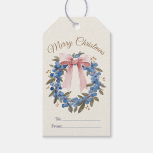 Watercolor Blue Berry Wreath Christmas Gift Tags