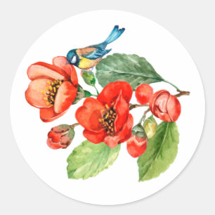 Watercolor Blue Bird on Red Blooming Flowers Classic Round Sticker