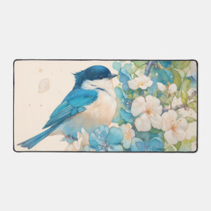 Watercolor Blue Bird Spring Blossom Desk Mat