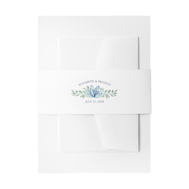 Watercolor Blue Bloom & Greenery Wedding Invitation Belly Band (Front Example)