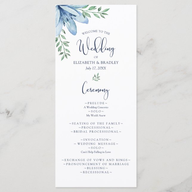 Watercolor Blue Blooms & Greenery Wedding Program (Front)