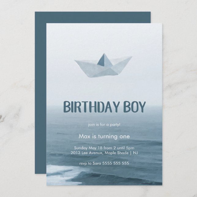 Watercolor Blue Boat Boy Birthday Party Invitation (Front/Back)