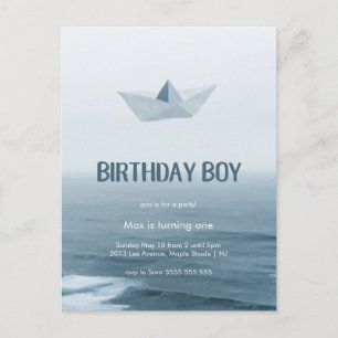 Watercolor Blue Boat Boy Birthday Party Invitation Postcard