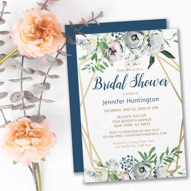 Watercolor Blue Boho Floral  Invitation (ELEGANT BLUE BOHO WHITE FLORAL BRIDAL SHOWER INVITATION
)