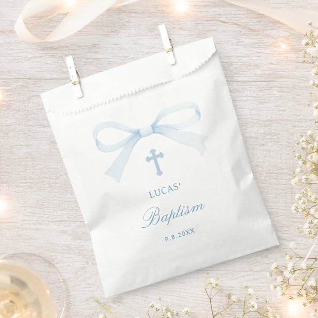 Watercolor Blue Bow Baptism Favour Bag (Clipped)