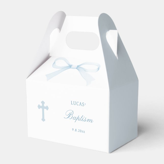 Watercolor Blue Bow Baptism Small Gable Favour Box (Front Side)