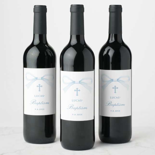 Watercolor Blue Bow Baptism Wine Label (Bottles)