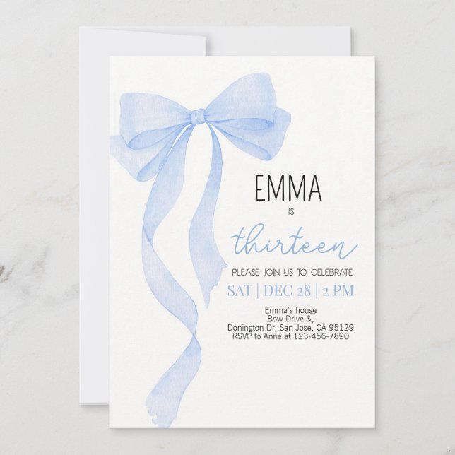Watercolor Blue Bow Birthday Invitation Elegant  (Front)
